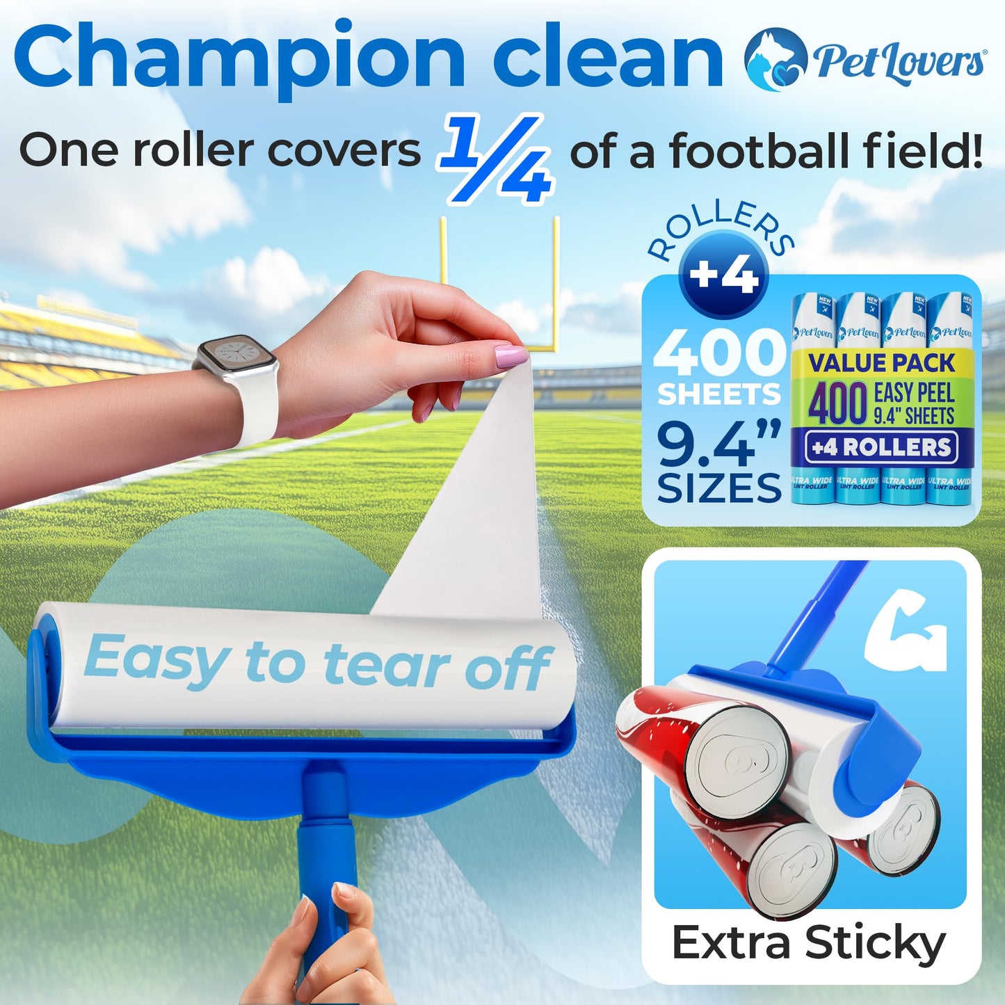 PetLovers Large Lint Roller with 3 Refills – 400 Total Sheets for Tackling Pet Hair, Extra Large Floor and Carpet Roller for Homes with Pets, Perfect for Floors, Furniture, and Loving Pet Owners