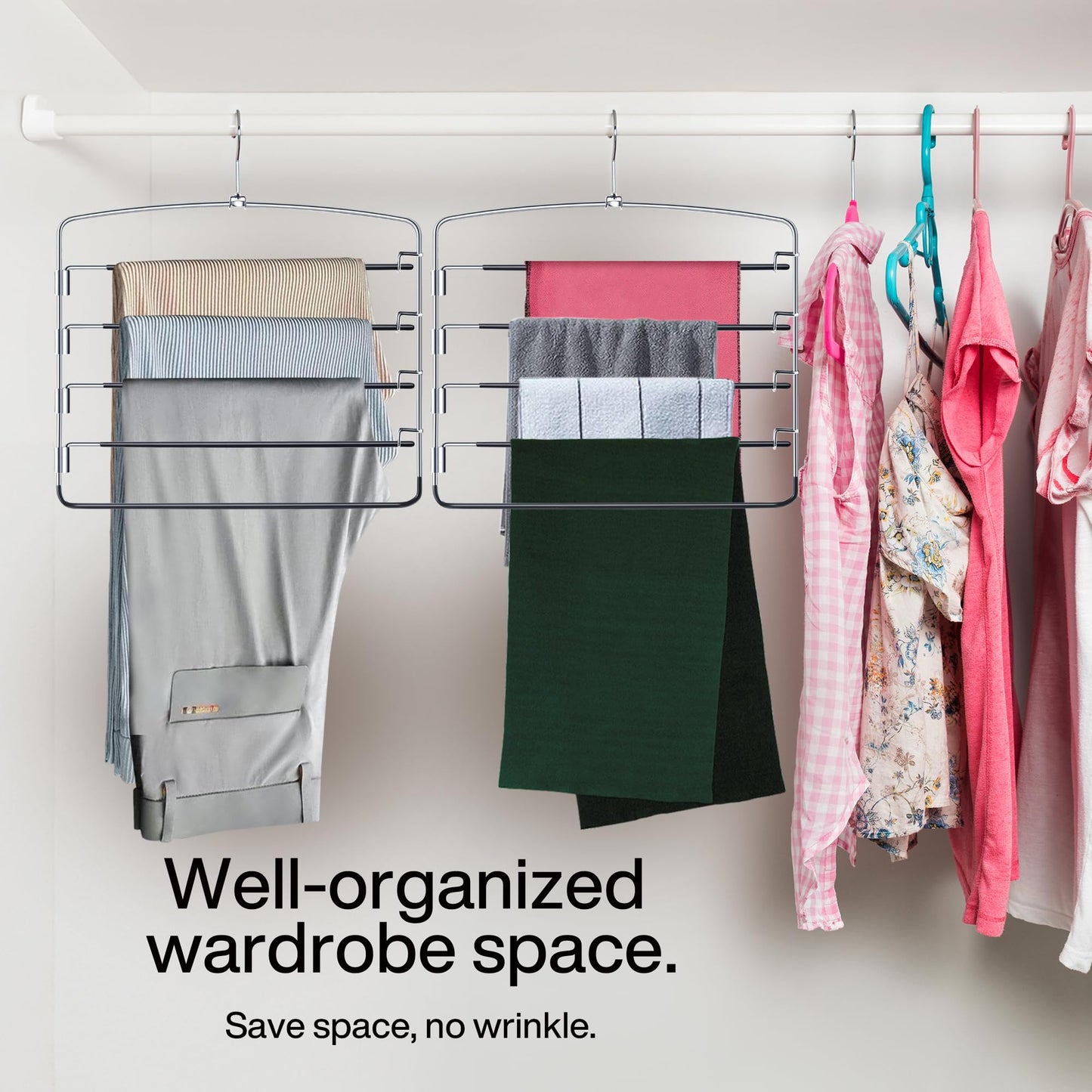 3 Pack Pants Hangers Space Saving Non Slip Multiple Pants Hanger for Women with Swing Arm Closet Storage Organizer for Pants Jeans Trouser Leggings Scarf Tie