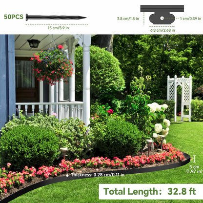 ‎Ergohortus Garden Edging, 32ft Landscape Edging with 50 Pegs, Plastic Garden Edging Border with 5cm High, Flexible for Lawn Edging, Flower Beds Edging, Paver Edging, Grass, Black