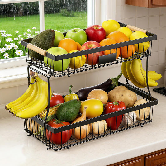 2 Tier Fruit Basket for Kitchen Counter,Wire Tiered Fruit Stand with Hangers&Handle,Corner Vegetable Rack,Two Tier Kitchen Basket for Fruits,Veggies,Snacks,Onions,Black