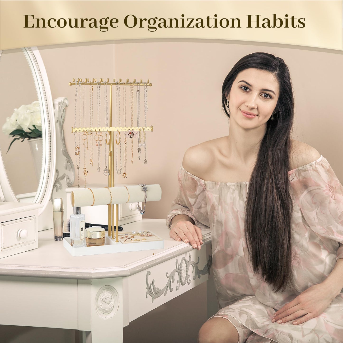 Tirzah 3-Tier Adjustable Jewelry Holder Organizer Stand with 20 Necklace Hooks, 18 Earring Holes and Notches, Bracelet Holder, 6 Ring Rolls, and Jewelry Tray for Girls, Women