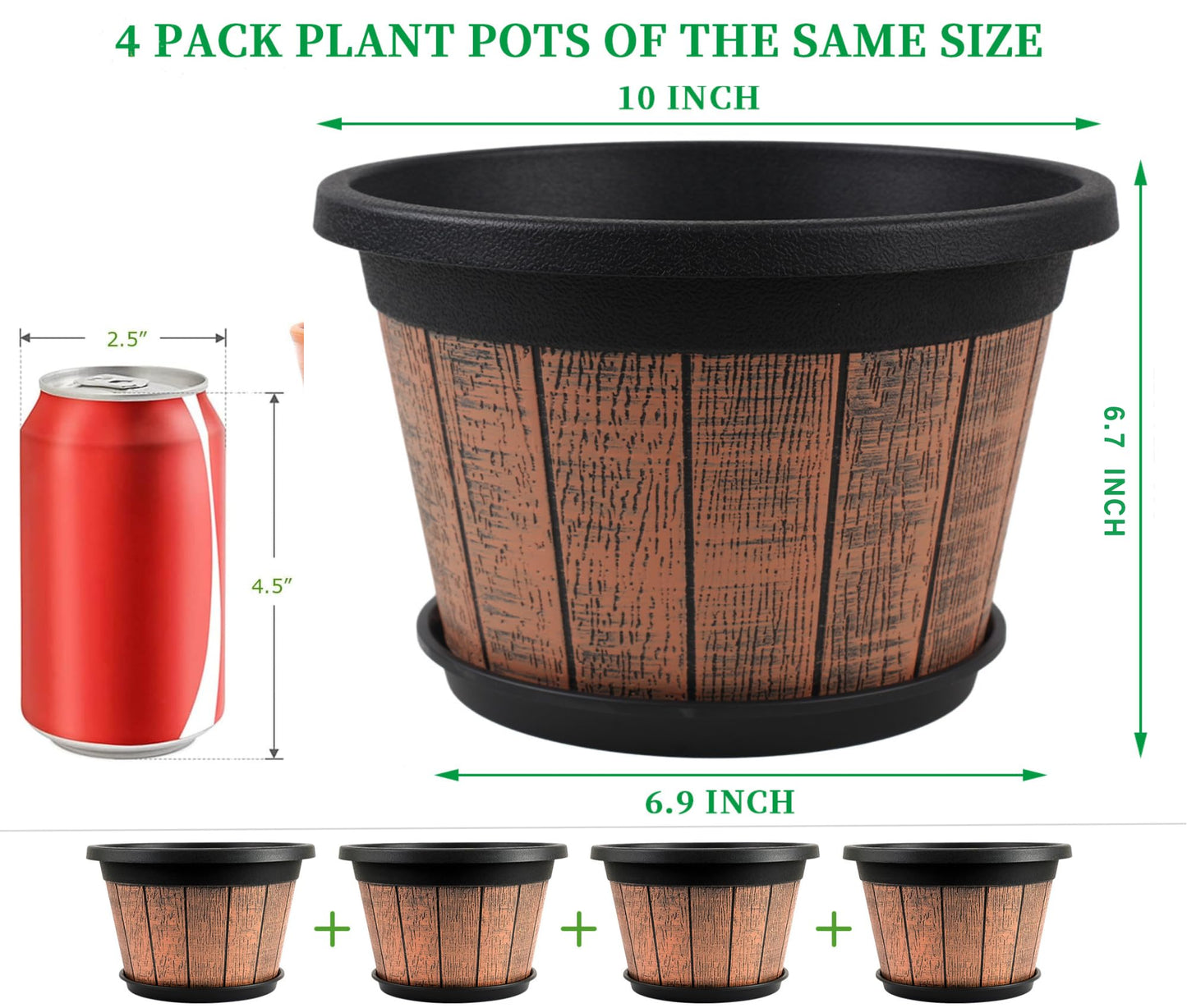 Quarut 4 Pack 10 inch Plant Pots,Whiskey Barrel Planters with Drainage Holes & Saucer,Plastic Decoration Flower Pots Retro Design,Planters for Outdoor Indoor Garden Home Plants (Brown)