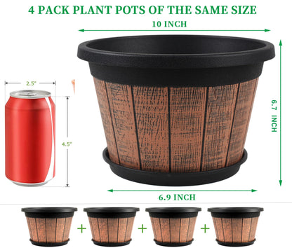 Quarut 4 Pack 10 inch Plant Pots,Whiskey Barrel Planters with Drainage Holes & Saucer,Plastic Decoration Flower Pots Retro Design,Planters for Outdoor Indoor Garden Home Plants (Brown)
