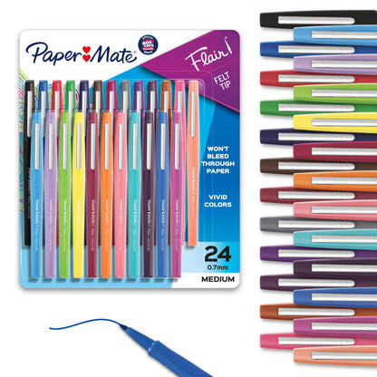 Paper Mate Flair Felt Tip Pens, Medium Point (0.7 mm), Assorted Colours, 24 Count