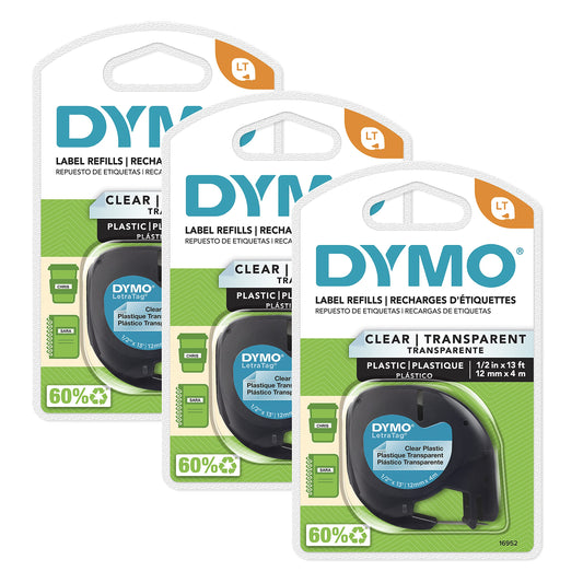 DYMO LT Labeling Tape for LetraTag Label Makers Black Print on Clear Labels 1/2" x 13-Foot Rolls 3 Count