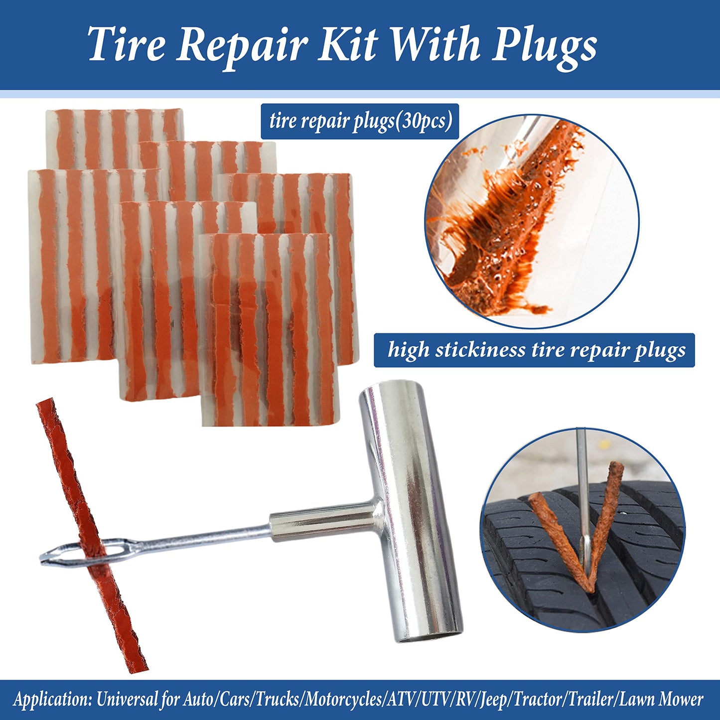 Tire Repair Kit, 68pcs Heavy Duty Tire Plug Kit Universal Flat Tire Puncture Repair Kit for Car, Motorcycle, Truck, SUV, RV, ATV, Tractor, Trailer, Jeep Tubeless Tire Repair Tools with 30 Tire Plugs
