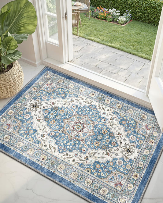 DEXI 2x3 Door Mat Indoor Entrance, Washable Non Slip Vintage Entryway Rugs, Low Profile Dirt Trapper Easy Clean Doormat Floor Carpet for Entry, Hallway, Blue