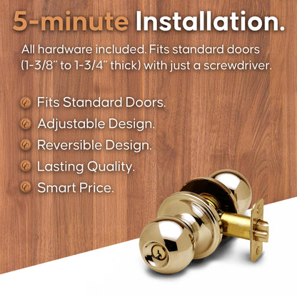 Copper Creek BK2040PB Ball Door Knob, Keyed Entry Function, 1 Pack, in Polished Brass