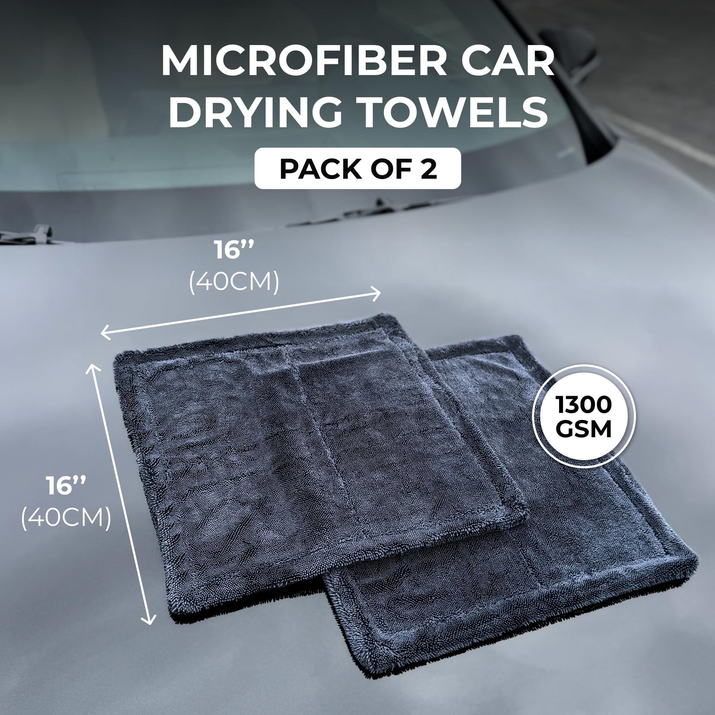 Microfiber Car Drying Towel 1300 GSM Double Twist Pile - Super Absorbent Auto Wash Towel for Cars Trucks SUV - Detailing Cleaning Cloth 16x16 2-Pack