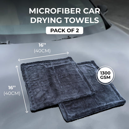 Microfiber Car Drying Towel 1300 GSM Double Twist Pile - Super Absorbent Auto Wash Towel for Cars Trucks SUV - Detailing Cleaning Cloth 16x16 2-Pack
