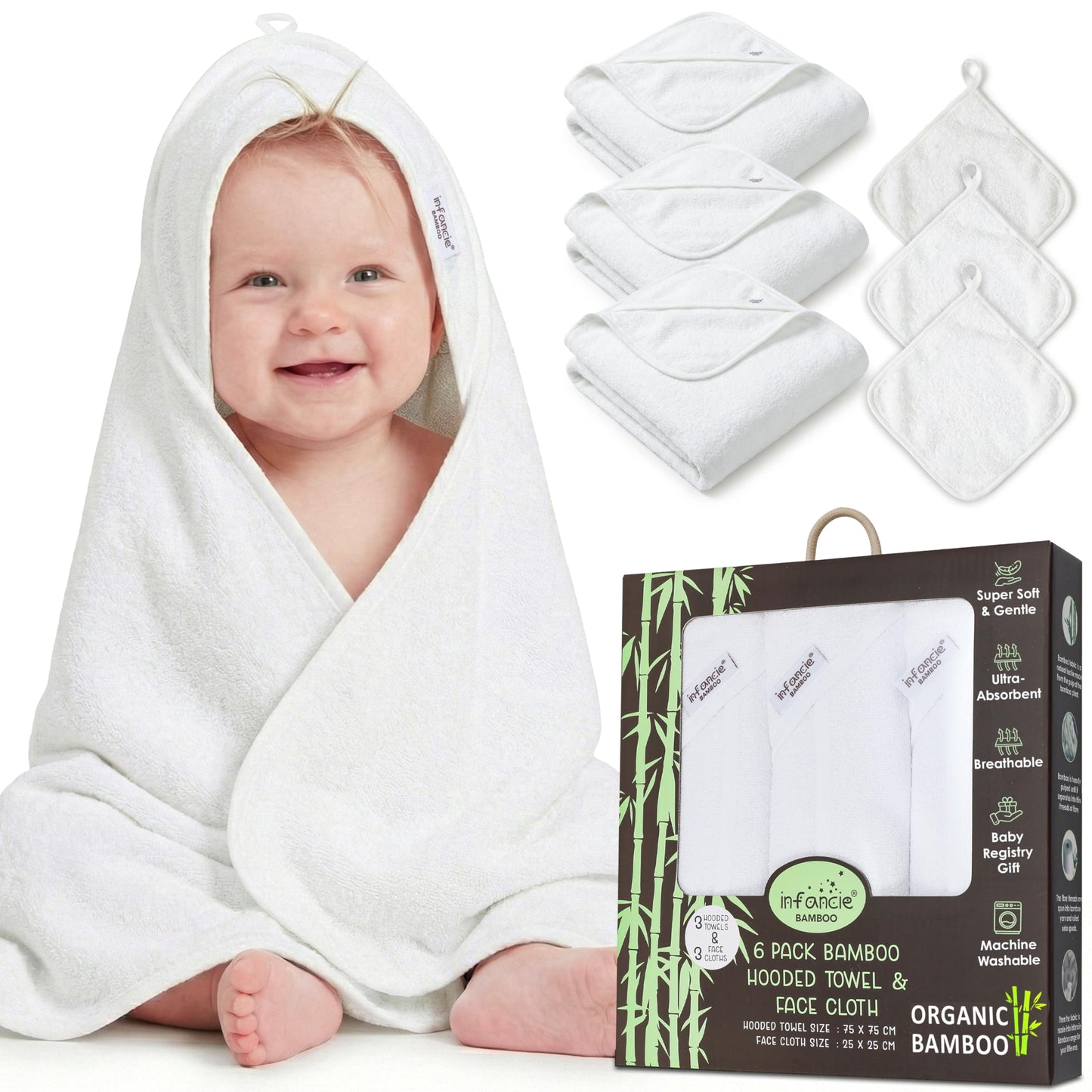 Infancie Organic Bamboo Hooded Baby Towels with Baby Washcloths 6 Pack 3 Towel 75 X 75 & 3 Washcloth 25 X 25 CM Absorbent Baby Towel with Hood Gentle On Skin Bath Essentials for Newborns and Infants