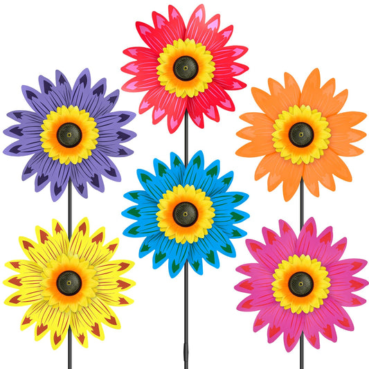 DECEED 6 PCS Sunflower Wind Spinners with Stakes 14" W x 29" H Wind Spinners Lawn Pinwheels Sunflower Petals Outdoor Multicolor Windmill for Yard Decoration