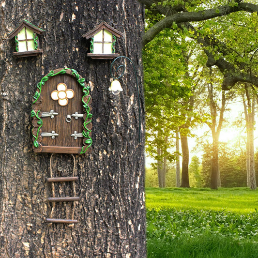 Fairy Garden Door and Windows – Glow in The Dark Yard Art Sculpture Decoration Accessories,Wall and Trees Outdoor | Miniature Garden Outdoor Decor Accessories with Bonus Fairy Lantern