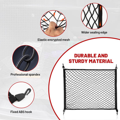 RED WOLF Elastic Cargo Net for SUV Pickup Trunk Bed Netting Trunk Bed Cover Net Stretchable Mesh Organizer 32" x 24" Stretch to 63"x43" with Fixing Hooks D-Rings