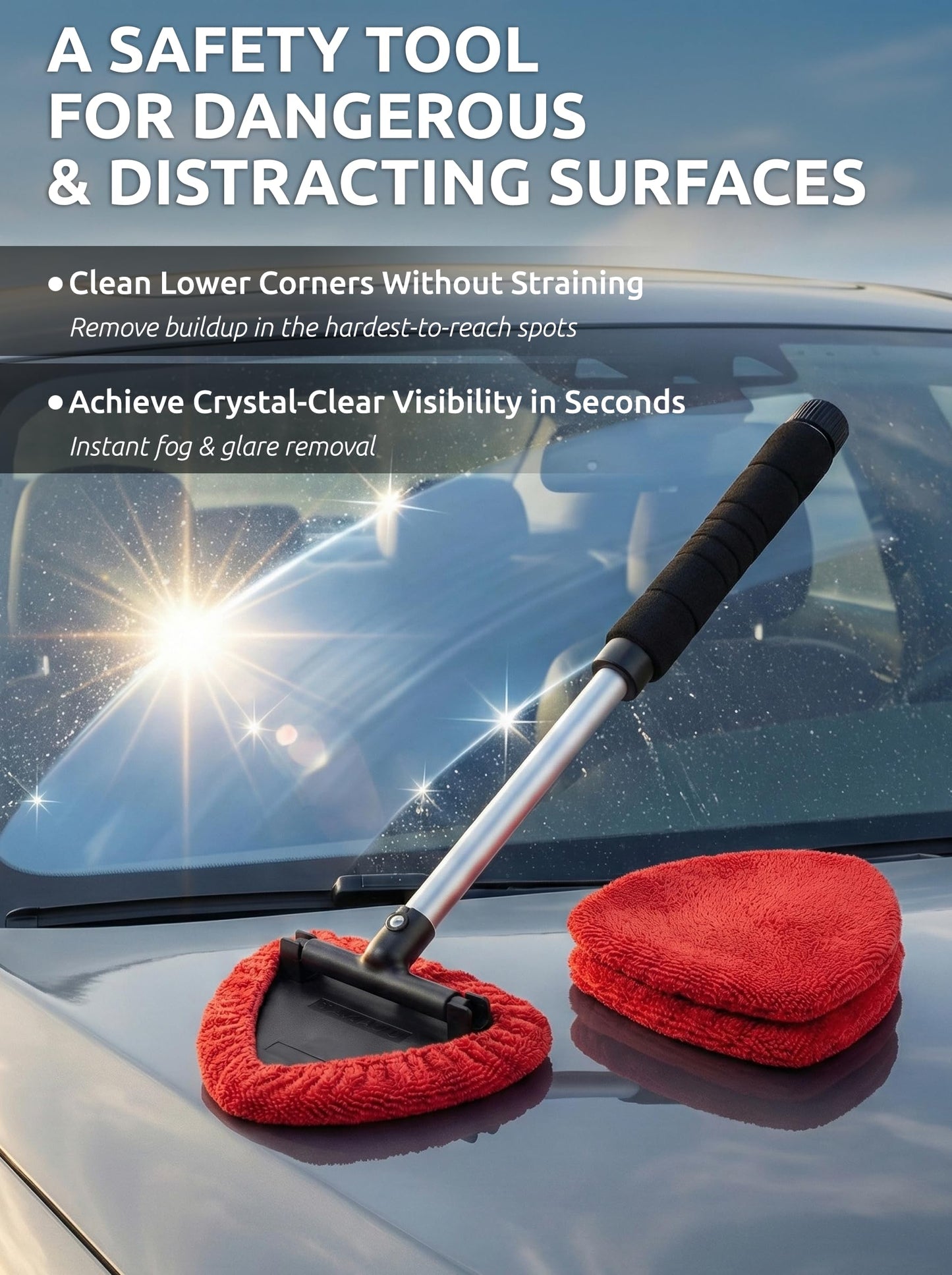 Windshield Window Cleaner Tool, Extendable Long-Reach Handle, Unique Pivoting Triangular Head, 3 Washable Reusable Microfiber Bonnets, Car & Home Inside Interior Exterior Use - Lint Free (Red)