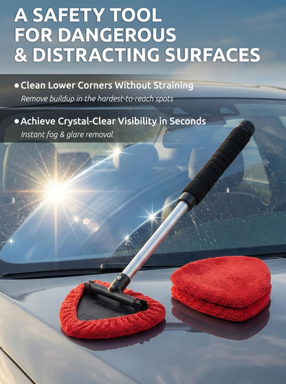 Windshield Window Cleaner Tool, Extendable Long-Reach Handle, Unique Pivoting Triangular Head, 3 Washable Reusable Microfiber Bonnets, Car & Home Inside Interior Exterior Use - Lint Free (Red)