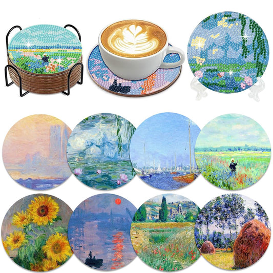 Muzagroo Art Diamond Painting Coasters with Holder for Adults DIY Diamond Art Kits for Beginners Adults Handicrafts Coaster Art with Stands 8 PCS (Monet)