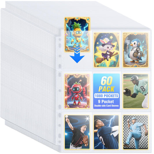 60 Pack 1080 Pockets Binder Card Sleeves Double-Sided 9 Pocket Trading Card Pages for 3 Ring Binder, Clear Plastic Pages Sleeves for Sport Cards, Business Cards, Game Cards, Photos