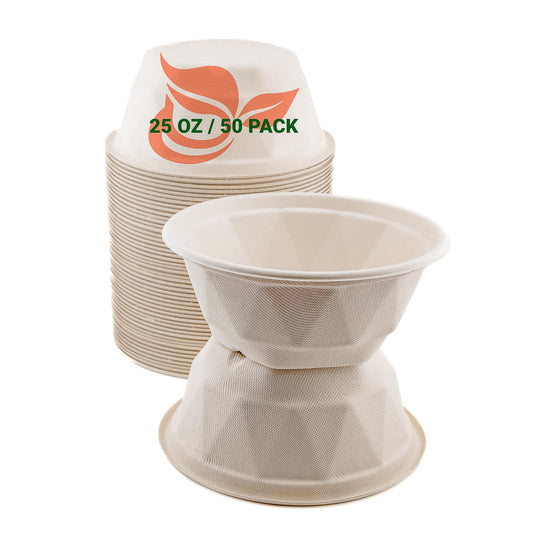 25 oz Compostable Bagasse Bowls 50 Pack – Extra Thick Biodegradable | Eco-Friendly, PFAS-Free, Microwave & Freezer Safe Disposable Bowls for Hot & Cold Food, Takeout, Catering (Diamond Pattern)