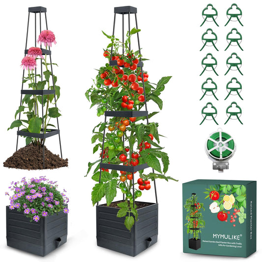 MYMULIKE Planter Boxes Indoor, Raised Garden Bed with Trellis for Climbing Plants Vegetables Outdoor, Self-Watering Planter Boxes Tomato Plant Support
