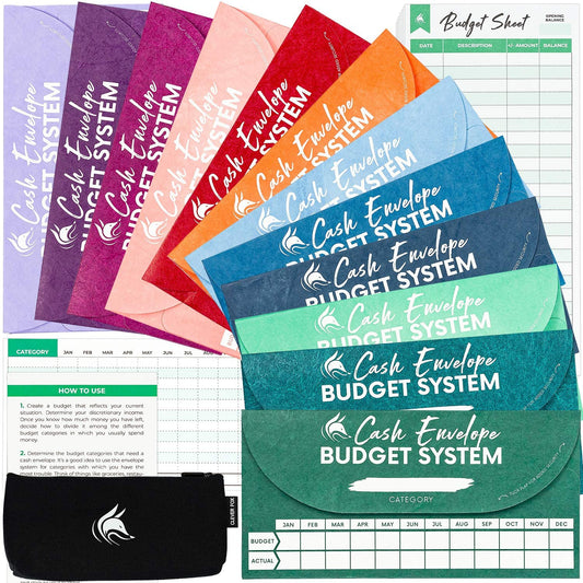 Clever Fox Cash Envelopes for Budget System – Money Envelopes for Budgeting and Saving, Tear and Water Resistant, Includes Carry Pouch & 12 Expense Tracking Budget Sheets, 12 Pack - Assorted Colors