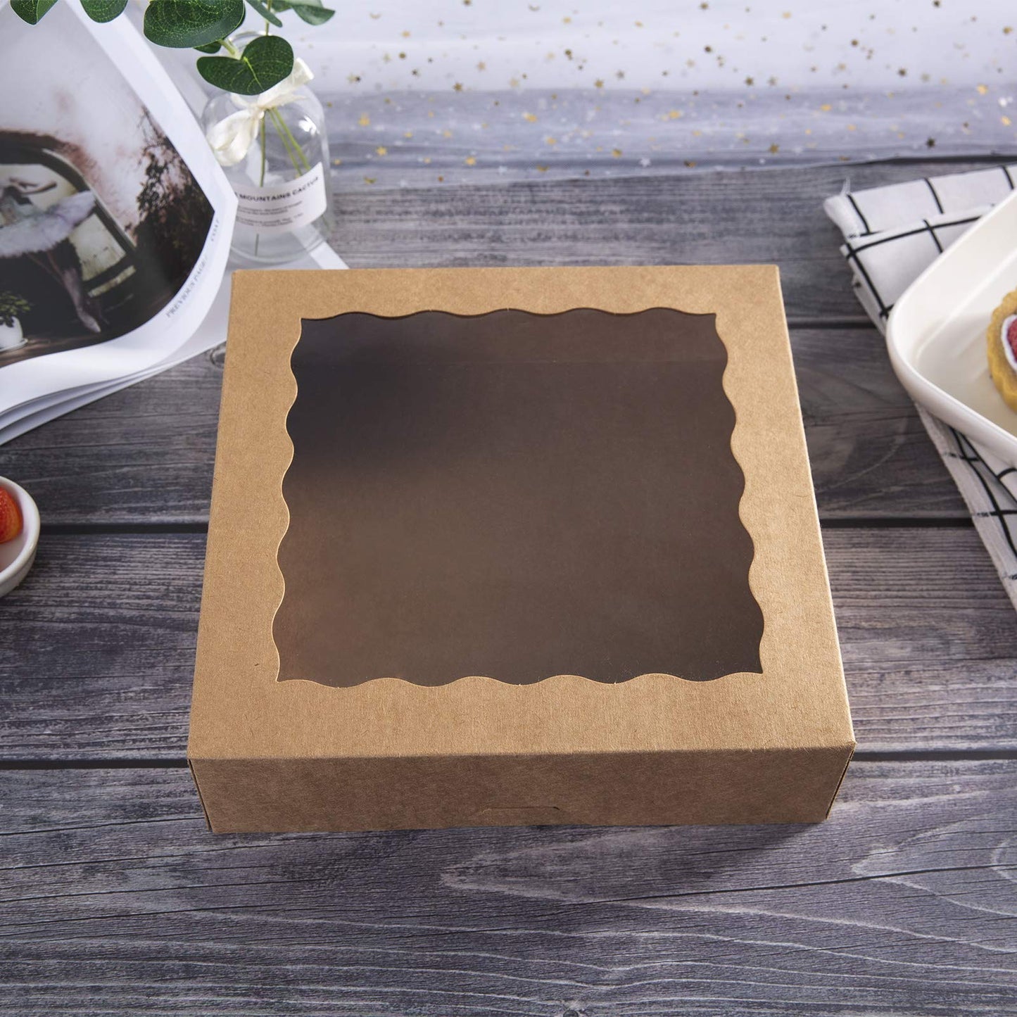 [15pcs]9inch Kraft Bakery Boxes,ONE MORE Large Pie Boxes with PVC Window Natural Disposable box for Cookie 9x9x2.5inch,15 of Pack