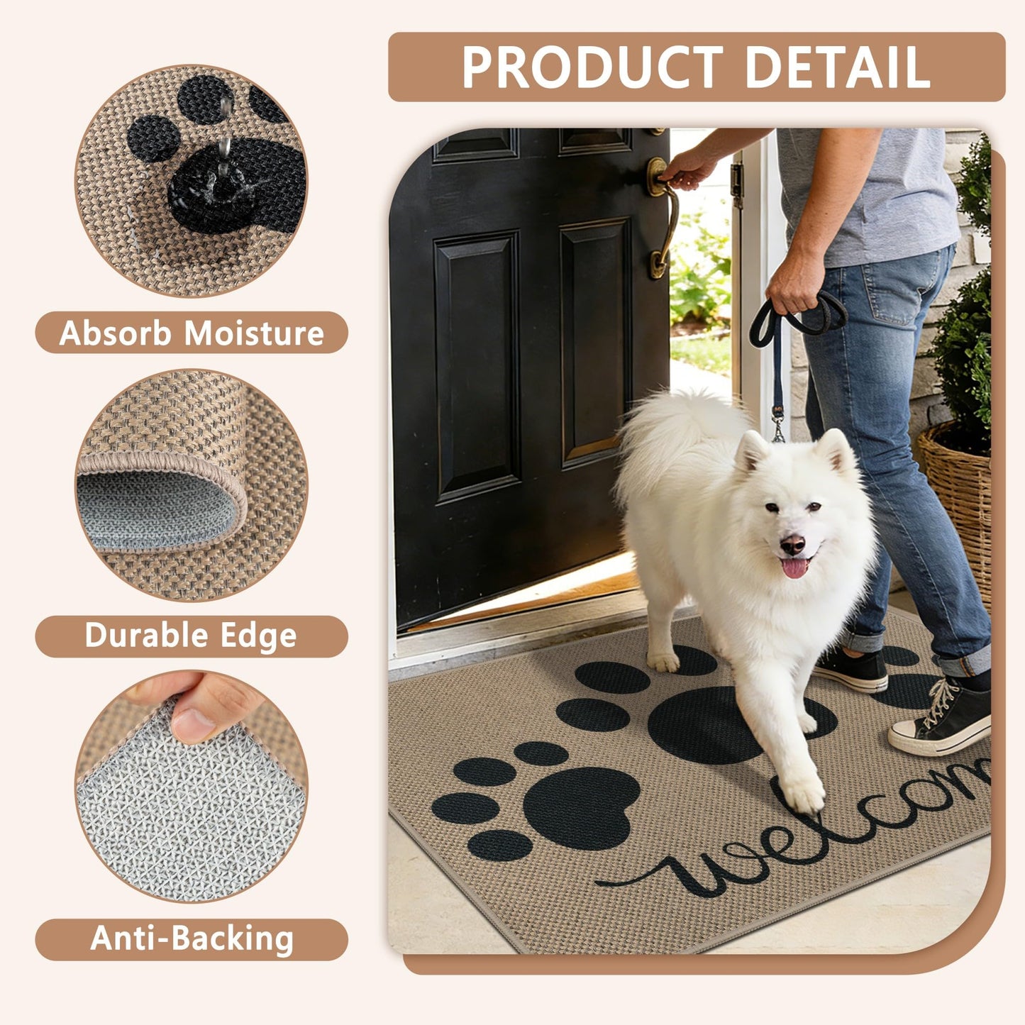 Capslpad Easy Jute Indoor Door Mat 24"x36",Absorbent Dirt Trapper Welcome Mat, Front Door Mat Indoor Outdoor for Dog Paws,Non-Slip Low-Profile Entrance Rug,Durable Entryway Floor Mats, Black
