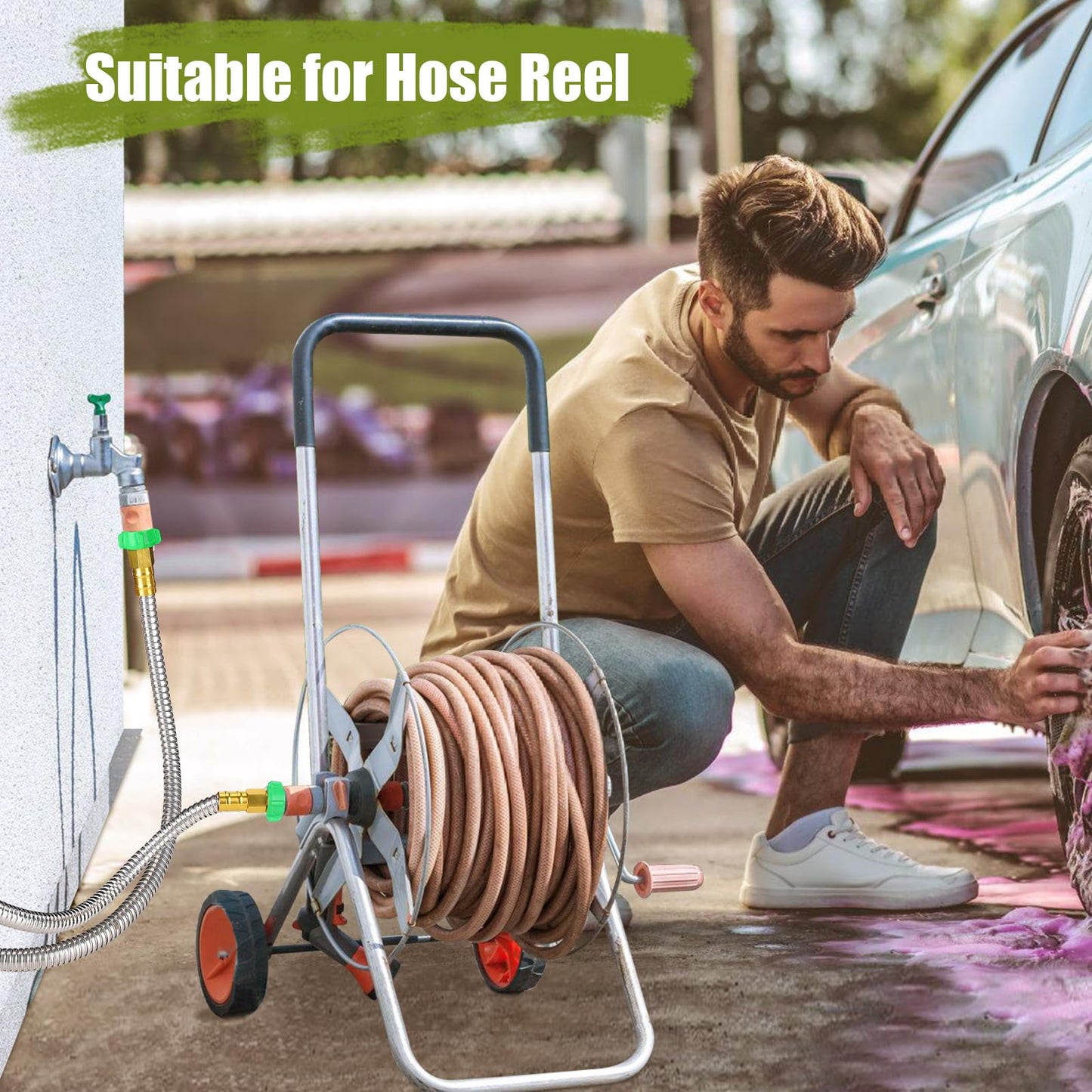 Beeplove 5ft Stainless Steel Female to Female Garden Hose with Double Connectors, Sunlight Resistant, High Water Flow, 3/4GHT Thread, Silver, 1 Pack