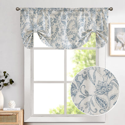 Lazzzy Kitchen Valance Curtain Linen Floral Farmhouse Tie Up Valance for Cafe Bathroom Bedroom Small Window Treatments Curtain 20 Inch Long Rod Pocket 1 Panel Blue on Beige