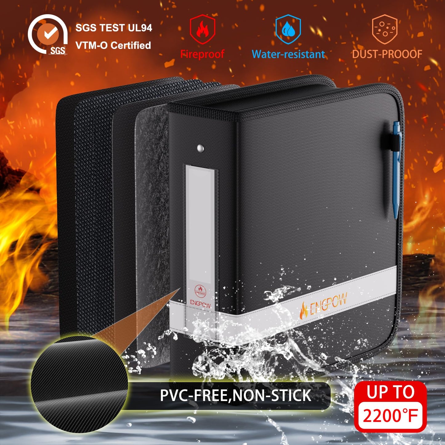 ENGPOW 3 Ring Binder,Fireproof 3 Inch D Ring Binder with Zipper,Holds 750 Sheets,Non-Stick,PVC-Free,Compatible with Clear Sheet Protectors,Portable School Office Home Safe Storage for Paper,Black