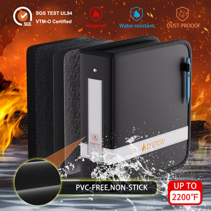 ENGPOW 3 Ring Binder,Fireproof 3 Inch D Ring Binder with Zipper,Holds 750 Sheets,Non-Stick,PVC-Free,Compatible with Clear Sheet Protectors,Portable School Office Home Safe Storage for Paper,Black