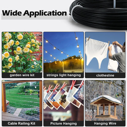 TooTaci Turnbuckle Wire Tensioner Kit with 100ft Stainless Steel Aircraft Cable 1/16, Black Vinyl Coated Wire Rope, Turnbuckles for Cable Tensioner, String Light Hanging Kit, Garden Trellis
