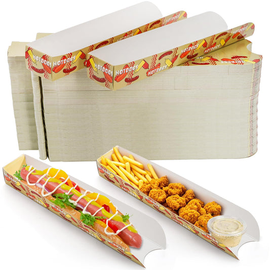 DEAYOU 300 Pack Greaseproof Paper Hot Dog Trays, 11.8" x 2" x 1.3" Open-Design Hot Dog Containers, Food Serving Tray, Disposable Hot Dog Holder Boats for Nachos, Tacos, Fries, BBQ, Festivals, Party