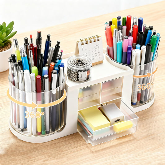 Desk Organizer with 360° Degree Rotating Pen Pencil Holder,Office Desk Organizers and Storage for Office School Home 10 Slots 3 Drawer Organizers 1 Top Storage Tray (White)