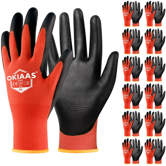 OKIAAS Work Gloves for Men，Ultra Thin and Lightweight Working Gloves with Grip, 12 Pairs Bulk Pack Construction Gloves with Polyurethane Coating, Safety Gloves for Light Duty Work (Red, X-Large)