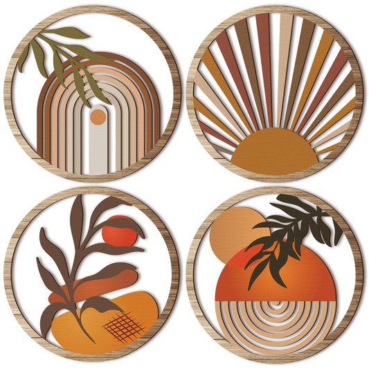 Qunclay 4 Pcs Boho Wall Art Bohemian Wooden Round Circle Wall Decor Hollow out Hanging Farmhouse Aesthetic for Bedroom Living Room Bathroom Bedroom Bathroom Patio Apartment Gift 10 Inch(Stylish)