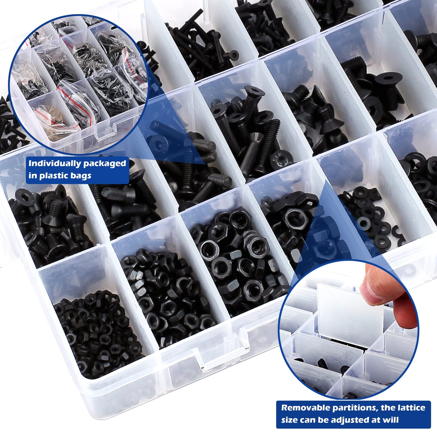 JROUTH 1500pcs Screws Assortment Hex Socket Flat Head Black Screws Nuts and Bolts, M2 M3 M4 M5 10.9 Grade Alloy Steel Hex Flat Head Cap Bolts Nuts Washers Assortment Kit with Hex Wrenches