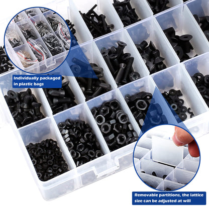 JROUTH 1500pcs Screws Assortment Hex Socket Flat Head Black Screws Nuts and Bolts, M2 M3 M4 M5 10.9 Grade Alloy Steel Hex Flat Head Cap Bolts Nuts Washers Assortment Kit with Hex Wrenches