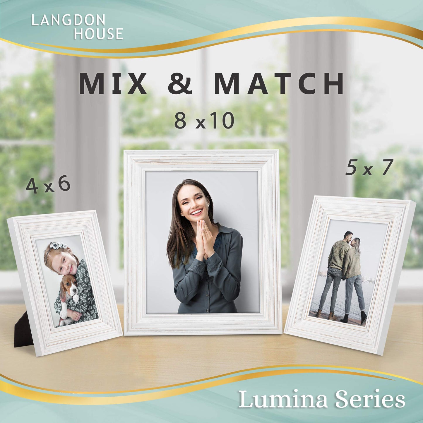 Langdon House 5x7 (13x18 cm) Real Wood Picture Frames (Weathered White - Gold Accents, 2 Pack), French Country Style Wooden Photo Frame 5 x 7, Lumina Collection