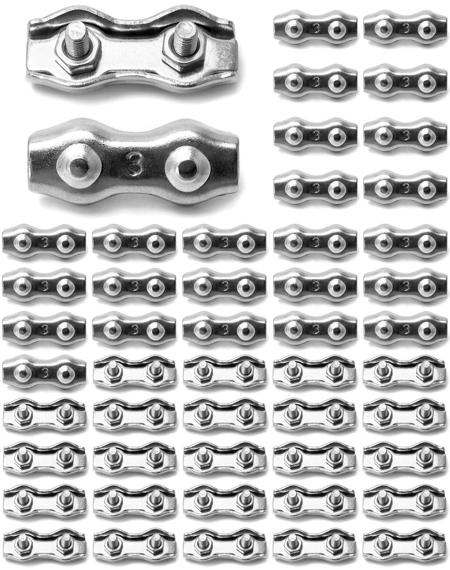 QWORK Cable Clamp, 50 Pcs M3 Stainless Steel Duplex 2 Post Wire Rope Clamps for 1/16" - 1/8" Diameter Wire Rope