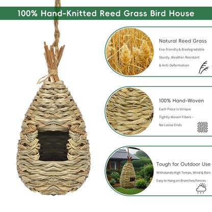Gute Hummingbird Houses for Outside Hanging, Natural Grass Hanging Bird Hut, Hand Woven Hummingbird Nest, Large Wren Finch Bird House for Garden Window Outdoor Home Decoration, 3 Pack