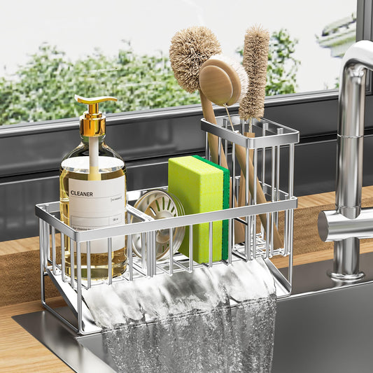 Cisily Kitchen Sink Caddy, Sponge Holder for Kitchen Sink, Kitchen Sink Organzier and Storage with High Brush Holder, Rustproof 304 Stainless Kitchen Gadgets Sink Accessories(Stainless Steel)