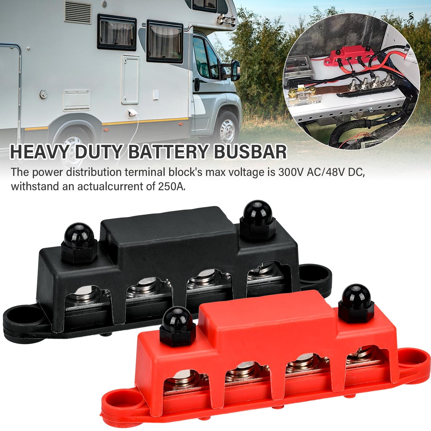 BEAUGIREW 12V 250A Bus Bar 3/8" Power Distribution Block 4 Studs Junction Block M10 Negative Positive Battery Busbar Terminal Block for Automotive Marine Solar System with Cover