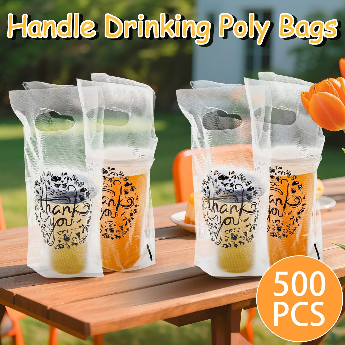 Lawei 500 Pack Handle Drinking Poly Bags, Clear 1-Cup Plastic Drinking Bags with Handle for Delivery, Packaging Drink Carriers for Take Out Beverage Coffee Juice, Stores Restaurant, 11.2 x 6 In