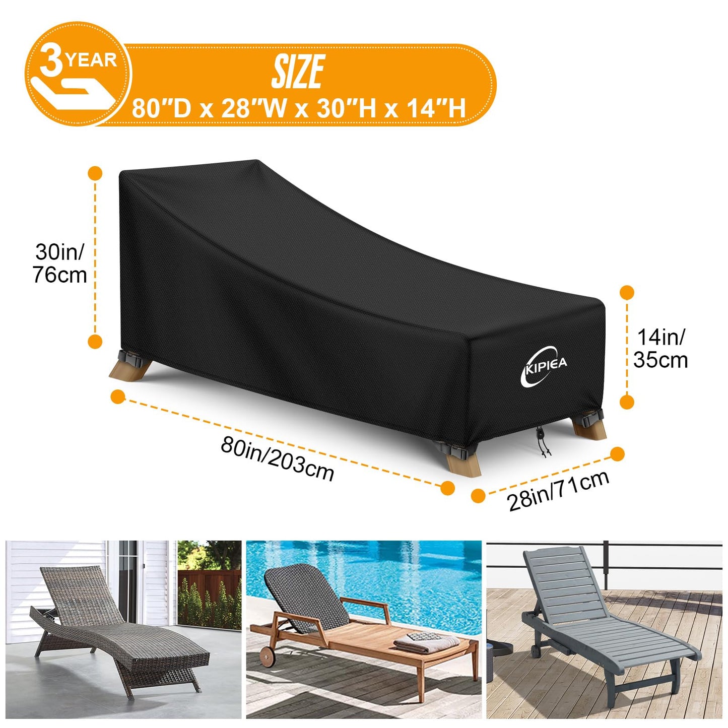 Kipiea Waterproof Patio Lounge Chair Covers for outdoor furniture, 420D Outdoor Chaise Lounge Cover with Anti UV and No Tears, No Fading (80"D x 28"W x 30"H)