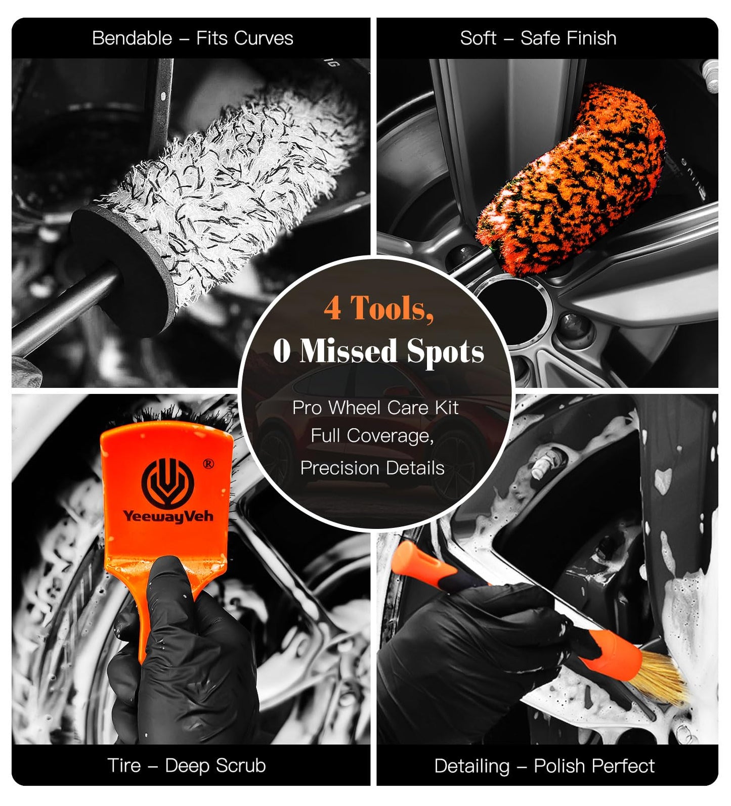 YeewayVeh Car Wheel Brush Kit, 4PCS Microfiber Wheel Cleaner Brush, Soft & Scratch-Free Detailing Brush and Tire Brush, Professional Wheel Cleaning Kit for Car Rim Fenders Engine Exhaust Tips, Orange