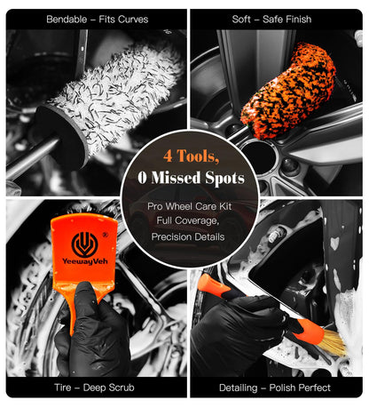 YeewayVeh Car Wheel Brush Kit, 4PCS Microfiber Wheel Cleaner Brush, Soft & Scratch-Free Detailing Brush and Tire Brush, Professional Wheel Cleaning Kit for Car Rim Fenders Engine Exhaust Tips, Orange