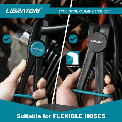 Libraton Hose Clamp Pliers Set - 6pcs Straight & 90° Pinch Off Pliers, Line Clamps for Brake, Fuel, Coolant, Flexible, Radiator, and Gas Lines