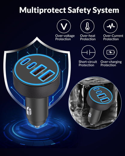 iPhone 17 16 15 Car Charger Fast Charging, 90W 4-Port USB C Fast Car Charger Cigarette Lighter Adapter with 240W 3FT USB-C Cable for iPhone 17/Air/17 Pro/17e/16/15 Pro Max/Plus/16e, iPad, Android