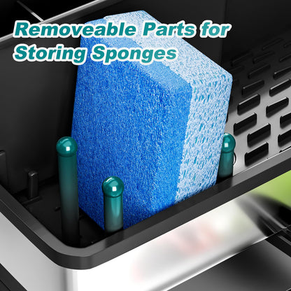 Ewaiira Stainless Steel Sink Caddy, Sponge Holder for Kitchen Sink with Brush Holder & Dishcloth Rack, Rustproof Sink Organizer Countertop, Soap Dispenser Kitchen Organizers Storage Essentials, Black